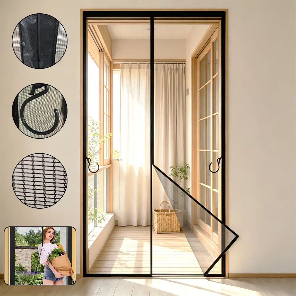 AIYYIPA Magnetic Black Mesh Door Screen Equipped with Storage Hooks, Automatic Closure Hands-Free Mesh Curtain, Insect & Mosquito Barrier, Good Ventilation, Simple Install Screen Door for Bedroom, Balcony & Entrance