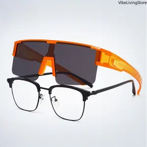 Fit-Over Clip-On Sunglasses Sports Eyewear, 2-in-1 UV400 Protection Windproof Anti-Glare Oversized Cycling Eyewear, Fits Over Men’s Prescription Glasses for Outdoor Activities, Protection Sports Eyewear