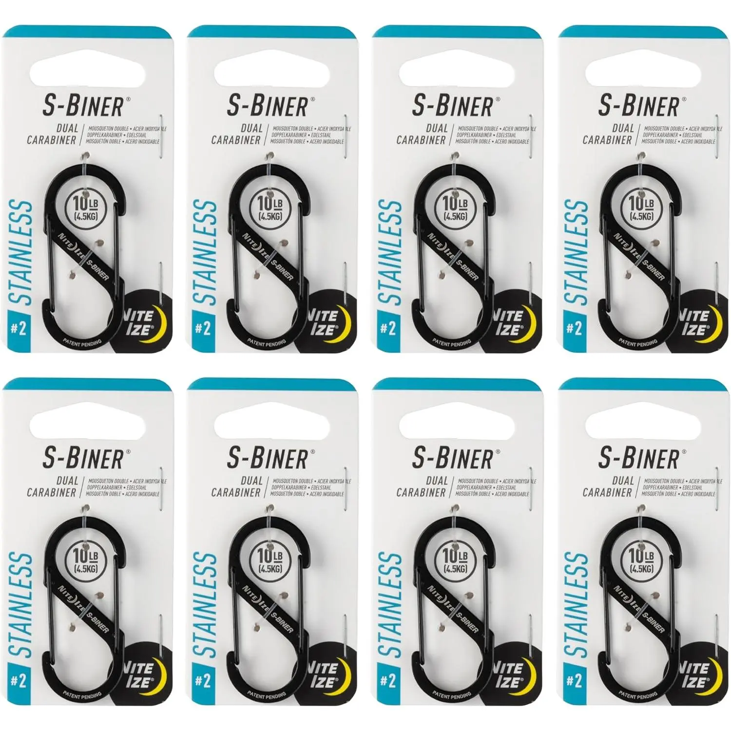 Nite Ize S-Biner Stainless Steel Dual Carabiner - Multi Purpose Dual Carabiner Clip - Great for Camping Supplies & Hiking Essentials - Secure Key Holder - Size 2, Black (8 Pack)