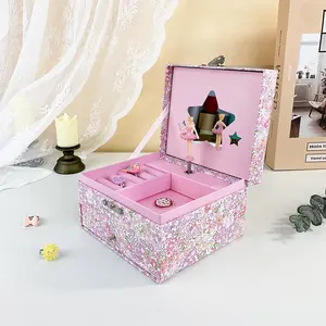 1pc Drawer Pink Purple Floral Pattern Music Jewelry Box, Rotating Ballerina Wind-Up Music Box for Earrings Necklaces Rings Storage & Gifting, Perfect as Gift and Souvenir for Graduation Season, Christmas Gift, Storage Organizer