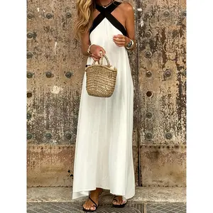 Women's Elegant Linen Cotton Halter Neck Maxi Dress - Sleeveless Loose Fit Beach Dress with Patchwork Detailing, Semi-Sheer Striped & Solid Color Design, Straight Cut for Spring/Summer Casual & Holiday Wear, Medium Elasticity