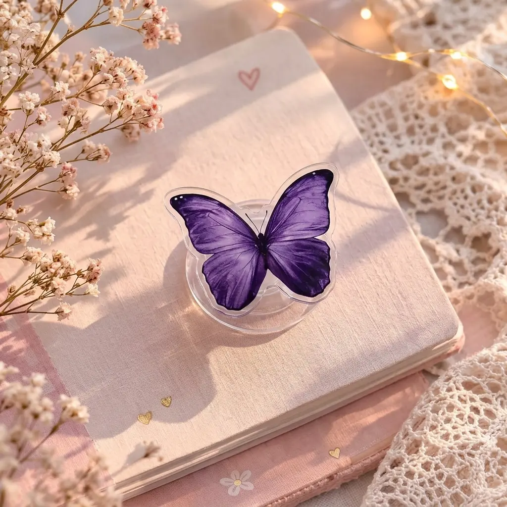 "Purple Butterfly" Aesthetic Phone Grip Clear Acrylic Griptok - Elegant Purple Butterfly Cell Phone Stand Holder, Dreamy Ethereal Kindle Ereader Ring Accessory, Unique Gift for Her