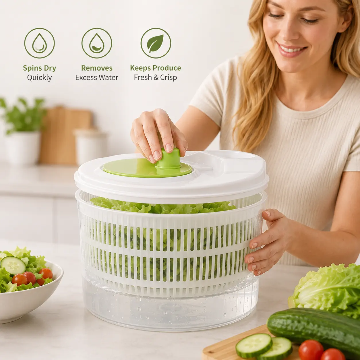 1 Count, Manual Vegetable Salad Spinner, Double Layer Draining Basket with Slicing and Shredding Blades for Kitchen Fruit and Vegetable Prep