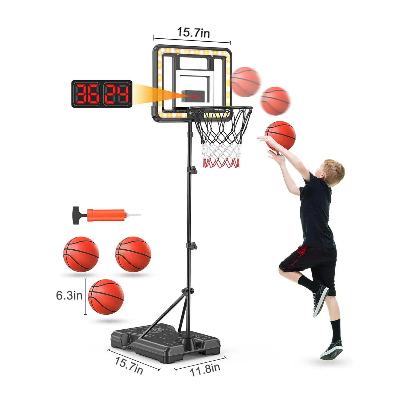 CuLiDing Kids Height-Adjustable Indoor-Outdoor Basketball Stand (3ft-5.8ft) Ball Sports Equipment with Timer, Weatherproof Base, Portable Durable, Teenage Boy Gifts, Outdoor Play Toys