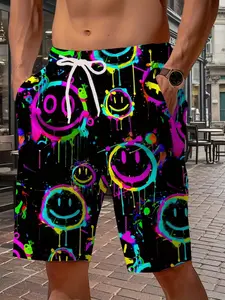 Men's Summer 3D Pattern Print Casual Beach Shorts, Vibrant Neon Happy Face Design, Lightweight Breathable Fabric