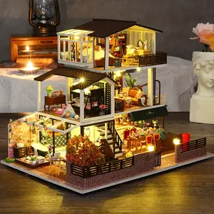 1pc Vintage Villa With Creative DIY Assembly, Handmade Retro DIY Cabin, 3D Assembly Architectural Model Toy, Home Decoration, Birthday Valentine's Day Gift, Miniature House With Furniture Set, (batteries And Glue Not Included)