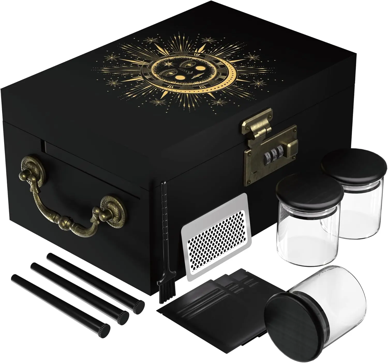 AMIDA Large Carved Smooth Bamboo Wooden Storage Organiser Box with Adjustable Combination Lock - Gold Decorative Hand Box with Upgraded Tray, Compartment Set, 10" L x 6.7" W x 4.5" H, 3-4 People Capacity, Father's Day/Birthday Gift for Coffee Beans