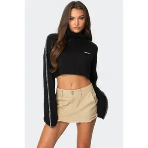 Embroidered Edge Cropped Turtle Neck Sweater