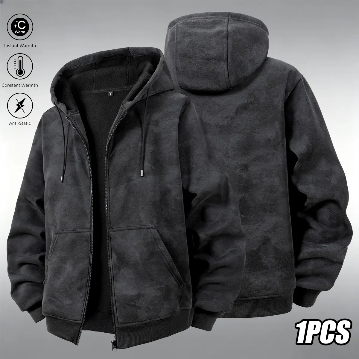 Men'S Casual Zip-Up Hoodie with Fleece Lining - Black Long Sleeve Jacket for Autumn & Winter, Comfortable Pullover with Front Pockets, Casual Wear Hoodie | Classic Zipup | Sleek Design, Essential Hoodie