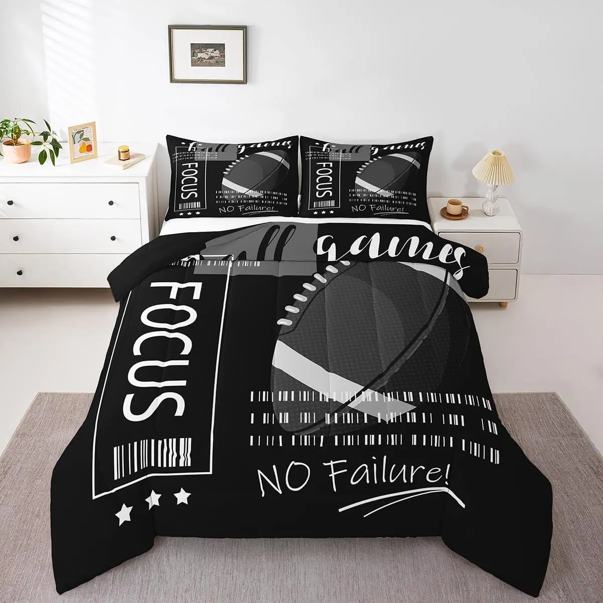 Feelyou Microfiber Soft Bedding Set - Black & White Football Rugby Sports Theme, Multi-Size Ball Graphics Comforter Quilt Set, Travel-Friendly for Bedroom Use, Microfiber Bedding Set