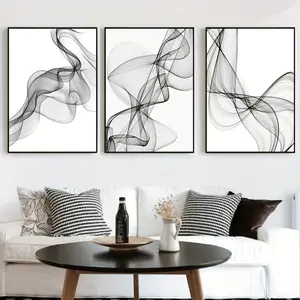 3-Piece Minimalist Wave-Patterned Black-White Abstract Artistic Rectangle Print Wall Decor, Black-Bordered Home Accent for Living Rooms, Art-Themed Gift for Art Lovers