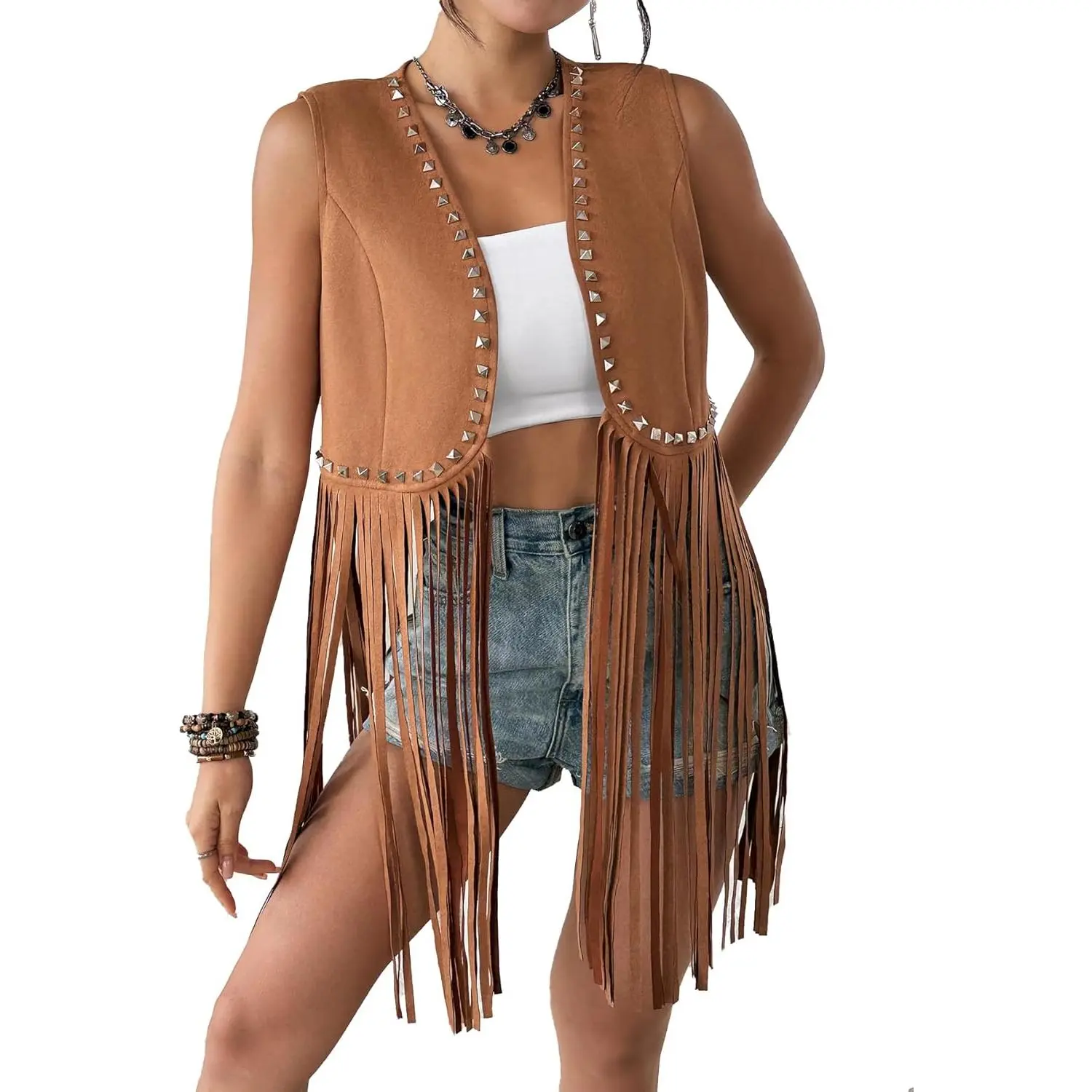 Oversized Faux Suede Sleeveless Vest for Women, 70s Western Hippie Tassel Style for Festival & Party Wear, Stripe, Tops, Viscose, Oversized Sleeveless Women's Vests, Crew Neck, Tassels, Daily Look, Stripe Pattern, 100% Viscose, Boho Western Women's Vests