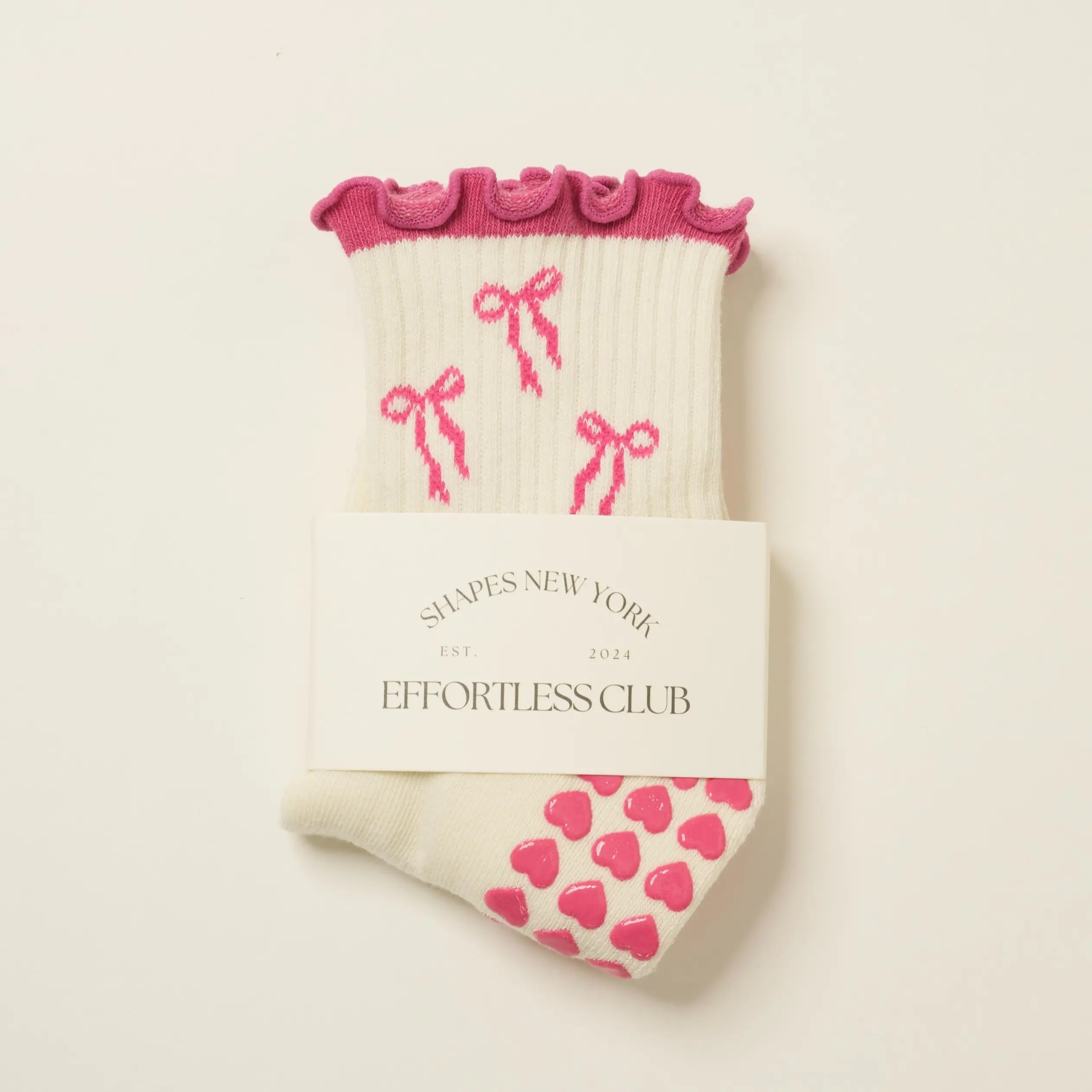Effortless Club Grip Socks, Spring/Summer Girlie Pink Bow, Crew Half Calf Non-Slip Socks, Cute Girlie Pilates Socks, with Ruffle Details
