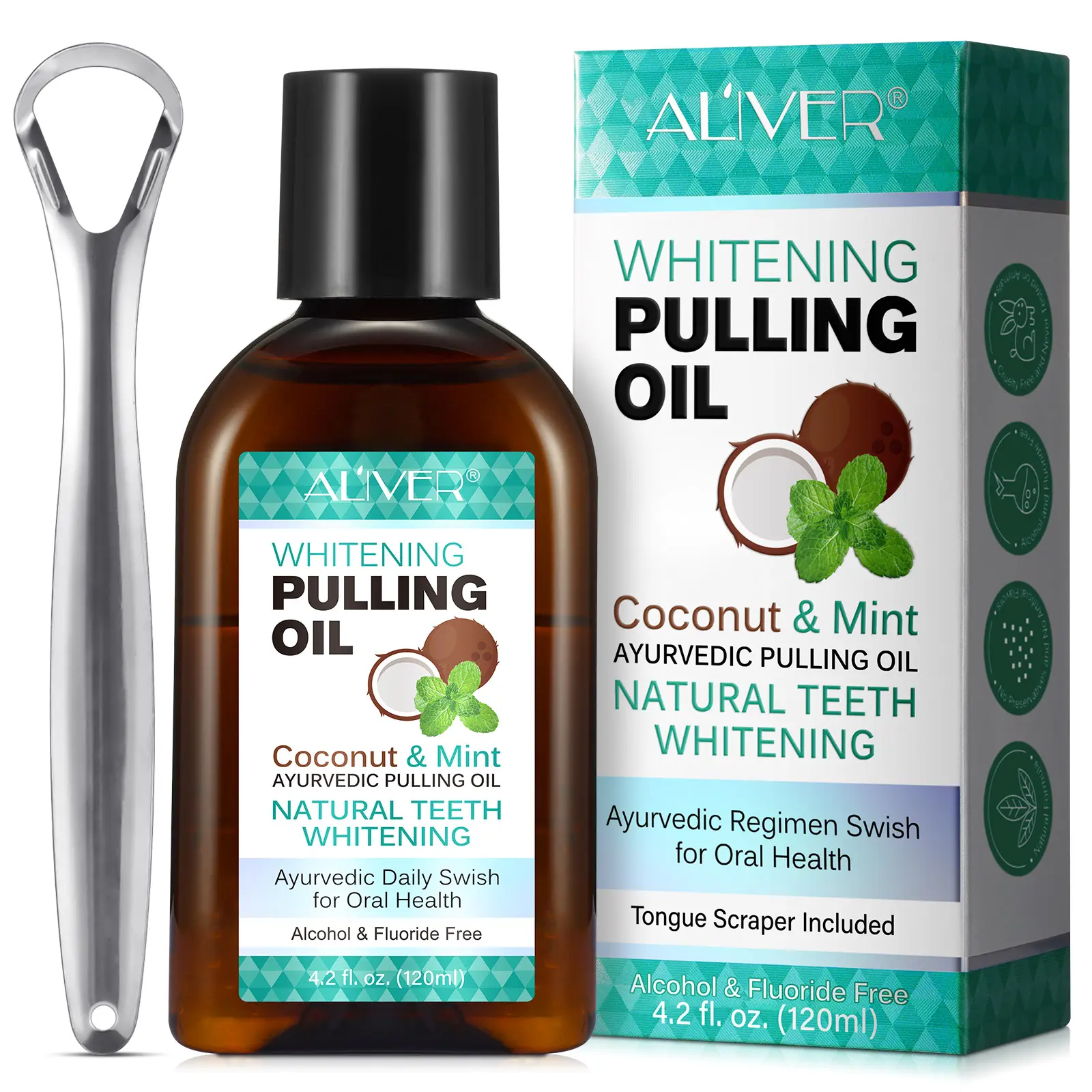 Aliver Coconut Oil Mouthwash 120ML with Tongue Scraper, Peppermint Flavor, Daily Oral Care, Non-Alcoholic Formula, Natural Ingredients, Protects Teeth & Gums, Cool Mint Mouthwash