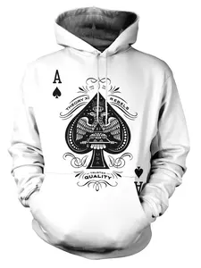 Men's Retro 3D Spade A Poker Print Hooded Sweater - Four Seasons Loose Street Style Spade with Hearts Design, Machine Washable Hip Hop Style Men's Sweater