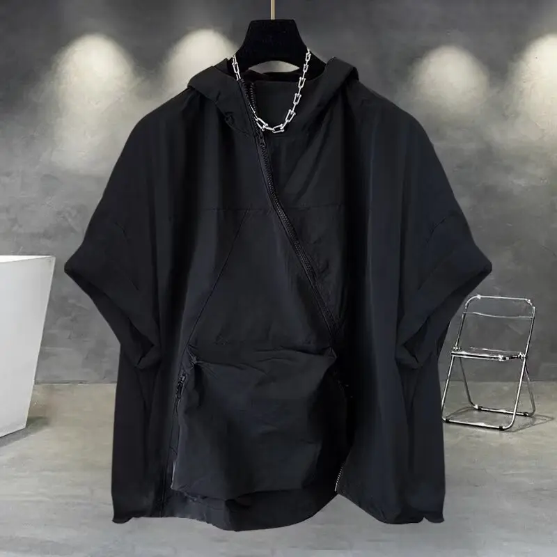 Summer men's slanted zipper design hooded short sleevedT-shirt, workwear large pocket half sleeved loose T-shirtPurchased stores Menswear Stylish