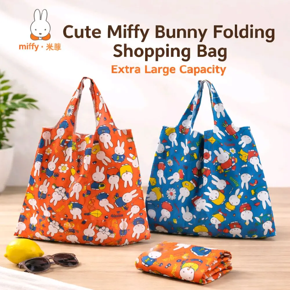Kawaii Miffyi Bunny Folding Eco Friendly Shopping Bag | Extra Large Capacity Waterproof Nylon Durable Tote Bag Travel Grocery Storage Bag