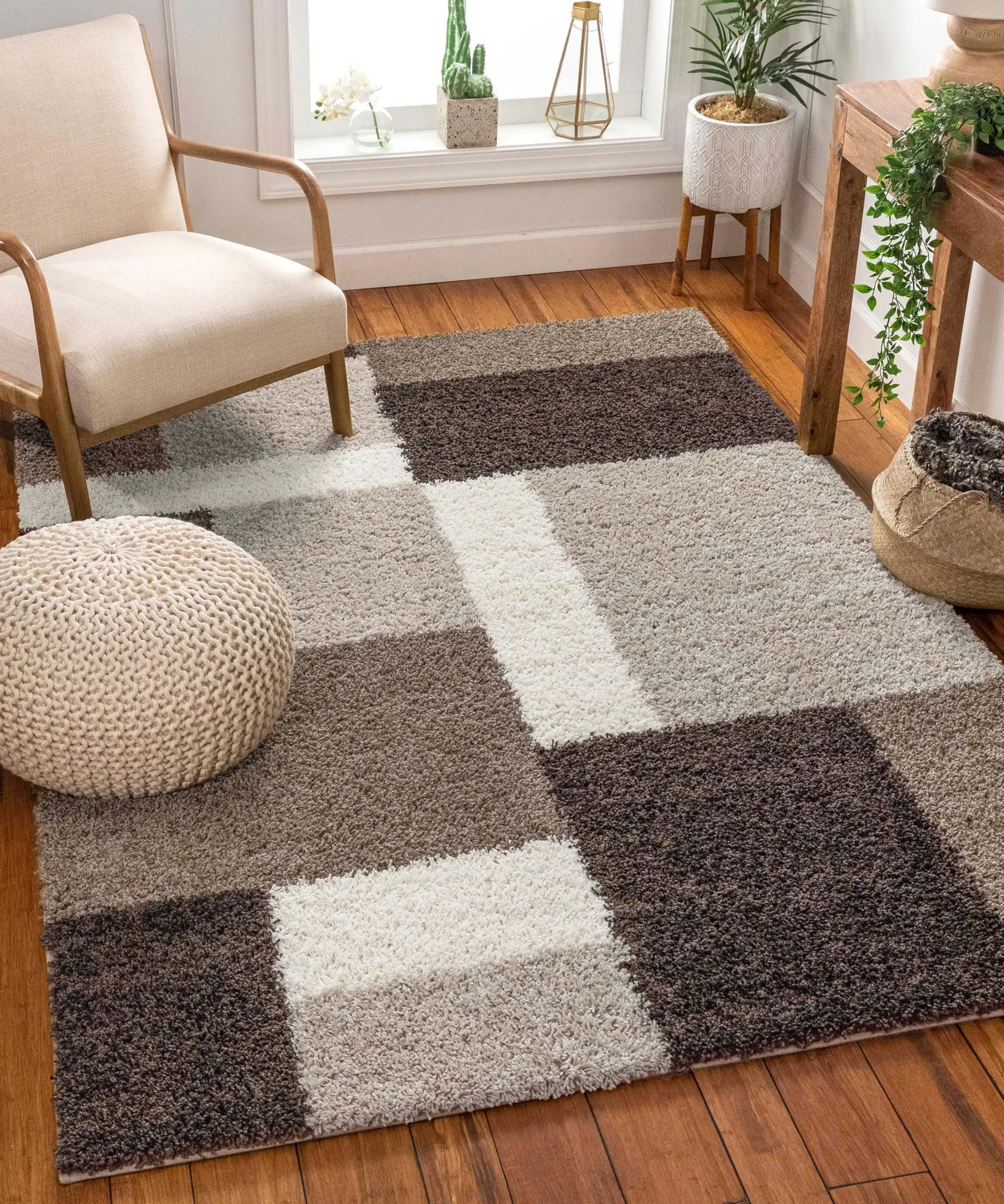 Infinity Home Madison Shag Geometric Cube Area Rug, 5'x7.2' Rectangular Beige/Brown Contemporary Home Decor Modern Shaggy Rug for Living Room, Contemporary Rugs