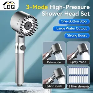 Handheld filtered shower head featuring an 18-stage filtration system, 3+1 spray modes, high pressure function, a 1.5 m hose, handheld massage feature, one-button shut-off water control, water-saving design, modern bathroom style