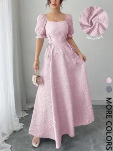 Women's Elegant Square Neck Bubble Sleeve Long Dress, Side Tie Pleated Embroidered Formal Gown, Plain Pattern
