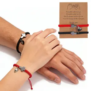 Matching Couple Heart Bracelets Set – Handmade Braided Adjustable Rope, Cross Heart Charm Jewelry for Her & Him, Romantic Valentine’s Day Gift