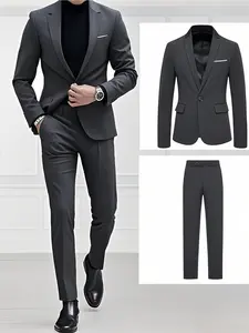 Men's fashionable business solid color 2-piece suit + trousers, Male high-quality social party banquet suit dress, groom/best man wedding dress, office professional suit Blazer coat Trousers