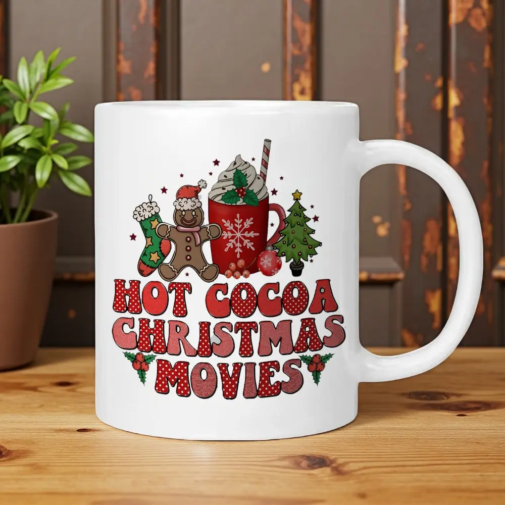 Christmas Hot Cocoa Christmas Movies Mug 11oz Ceramic Coffee Cup Holiday Gingerbread Man Xmas Gift For Family Friends