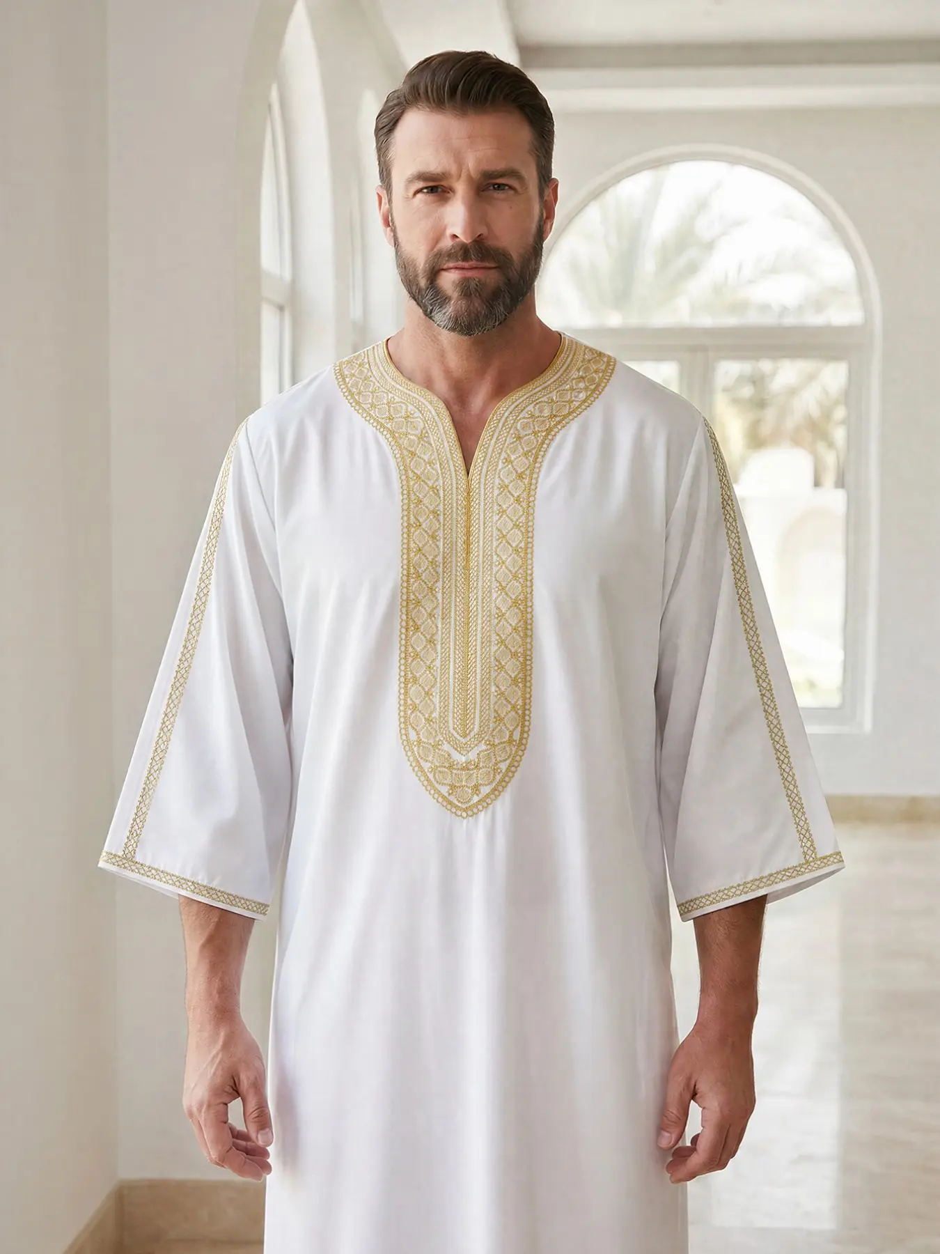 Moroccan Traditional Men's V-Neck Embroidered Robe, Islamic Thobe, Muslim Thobe, Loose Fit Jubba, Classic Daily Wear, Eid Al Adha Festival Costume, Perfect Gift