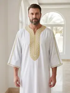 Moroccan Traditional Men's V-Neck Embroidered Robe, Islamic Thobe, Classic Daily Wear, Eid Al Adha Festival Costume, Perfect Gift