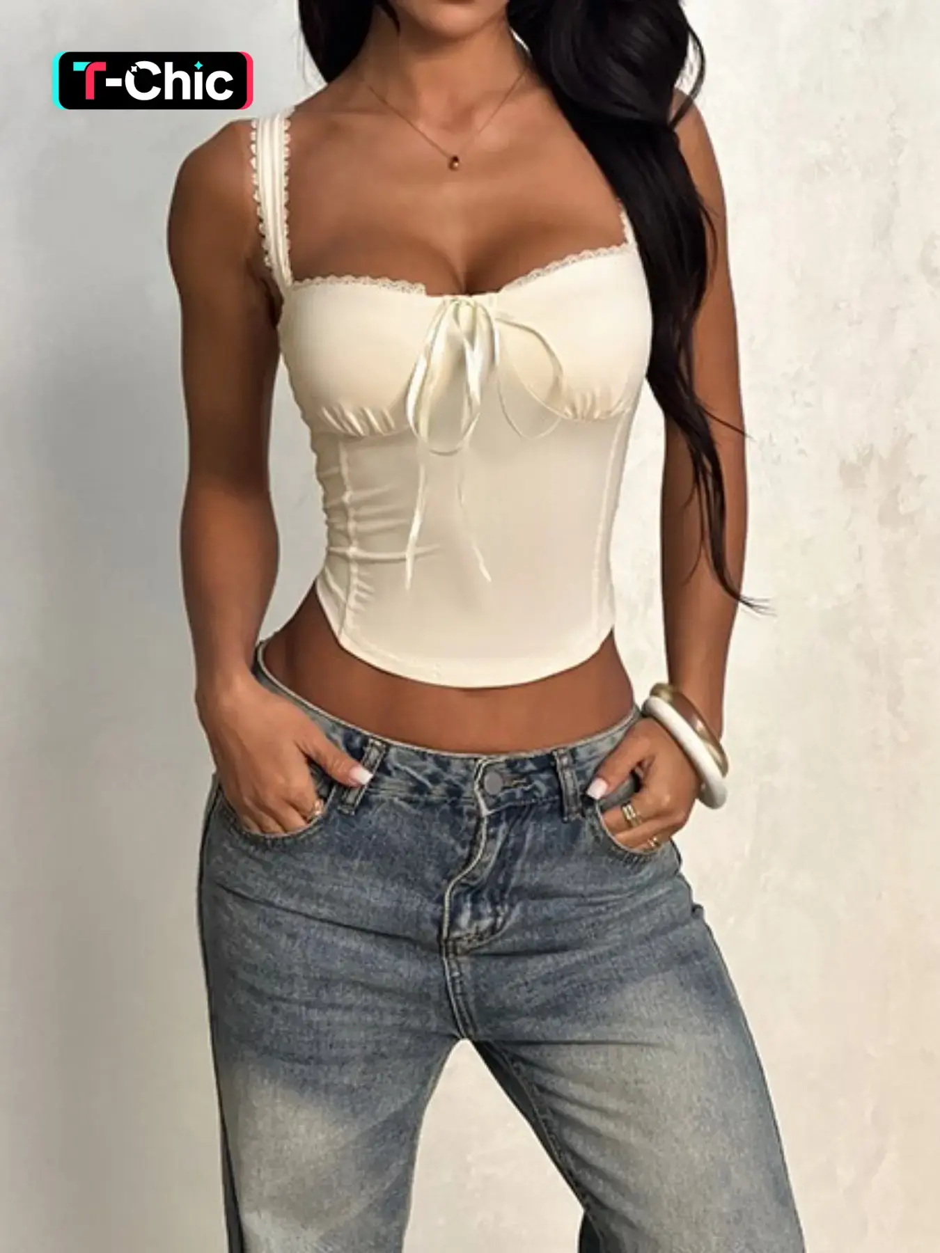 WOWDARK Women's Tie-Up Adjustable Chic Basic Lace Trim Strappy Fit Camisole Tank Top Cami Tops