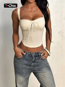 WOWDARK Women's Tie-Up Chic Lace Trim Strappy Camisole Top