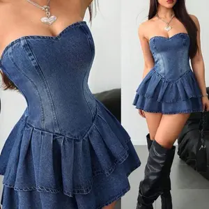 Women’s blue denim tube top dress — party dress, short fashion dress