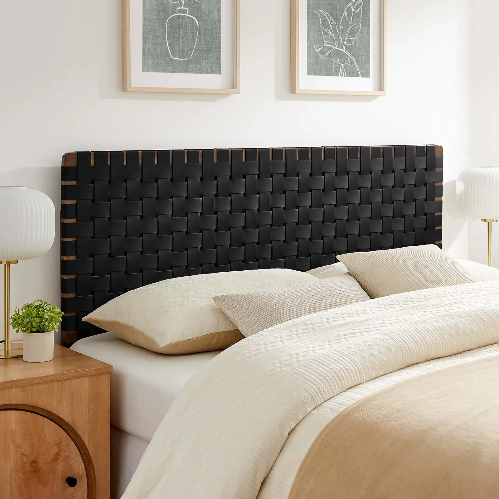 Modway Sparta Basket Weave Queen PU Leather Headboard - Hardwood Frame, Walnut Black Finish, Heavy-Duty Build, Artistic Flair, Elevates Bedroom Ambiance, Elevate Ambiance, Hardwood Headboards