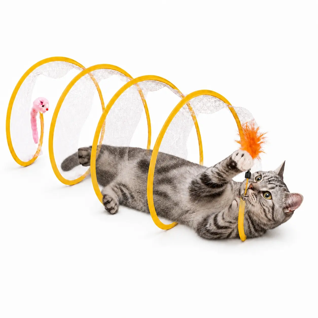 Kawiwi Spiral Tunnel Cat Toy, Cat Self Play Foldable Cat Tunnel for Kittens & Indoor Cats with Feather, Bell and Plush Mouse