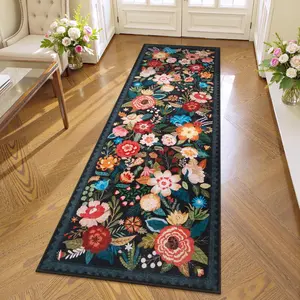 Fashion Vintage Floral Hallway Rug, Bohemian Style Long Living Room Carpet, Non-Slip Washable Home Decor Bedroom Bedside Mat, Boho Runner Rug, Floral Area Rug, Decorative Area Rug
