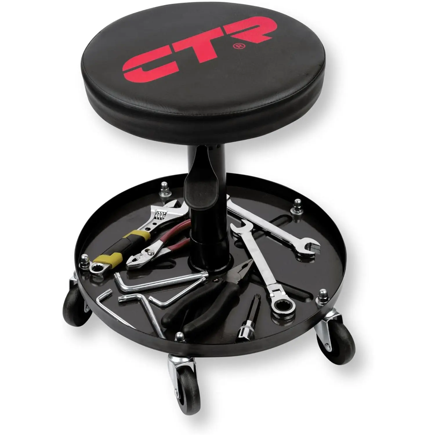 Rolling Mechanic Shop Stool with  Tool Tray, Heavy Duty Work Stool, Adjustable Garage & Workbench Stool with Wheels, Creeper Seat Shop Chair