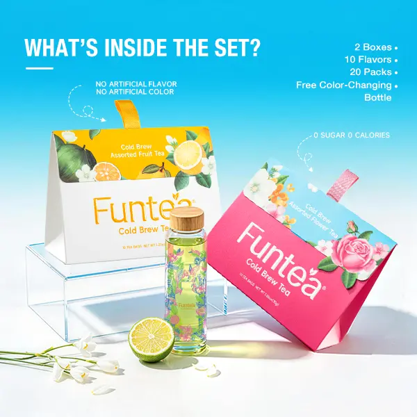 Cold Brew Fruit & Flower Tea Bags (2 Boxes, 10 Packs Each, 3g-4g Per Pack, 10 Flavors) with Free 550ml/18.6oz Color-Changing Bottle, Real Fruit, Flower & Whole Leaf Tea, Rose-Osmanthus Oolong, Lemon, Jasmine, Summer Beverages, sohochic
