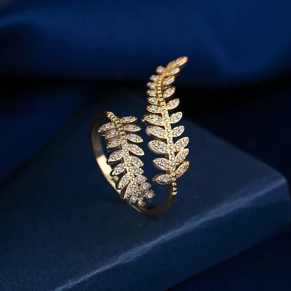 Adjustable Lucky Leaf Open Ring, Gold & Silver Two-Tone with Paved Crystals, Elegant Fashion Promise Ring for Engagement, Anniversary, Wedding, Birthday, Perfect Gift for Girlfriend, Mother's Day Gift