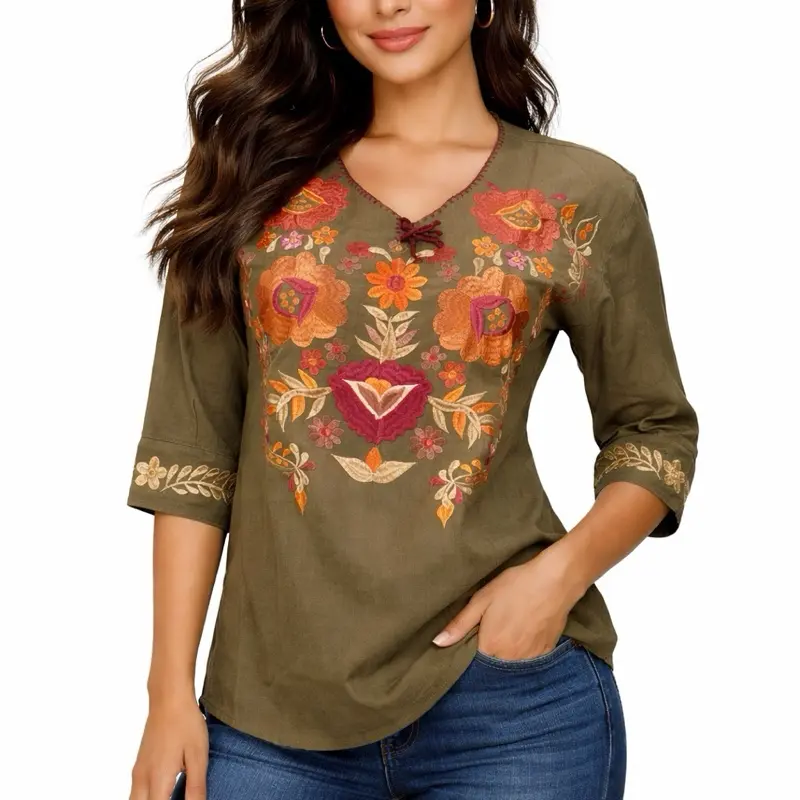 Adri Blouse 3/4 Sleeve Embroidered Mexican Blouse 100% Cotton Adjustable Waist Strings Blusa Bordada Mexicana Comfort Fit Shirts - Top, Traditional