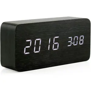 Wooden Digital  Clock, Multi-Function   Clock, LED Light  Clock with USB Power , Voice Control, Thermometer - Black