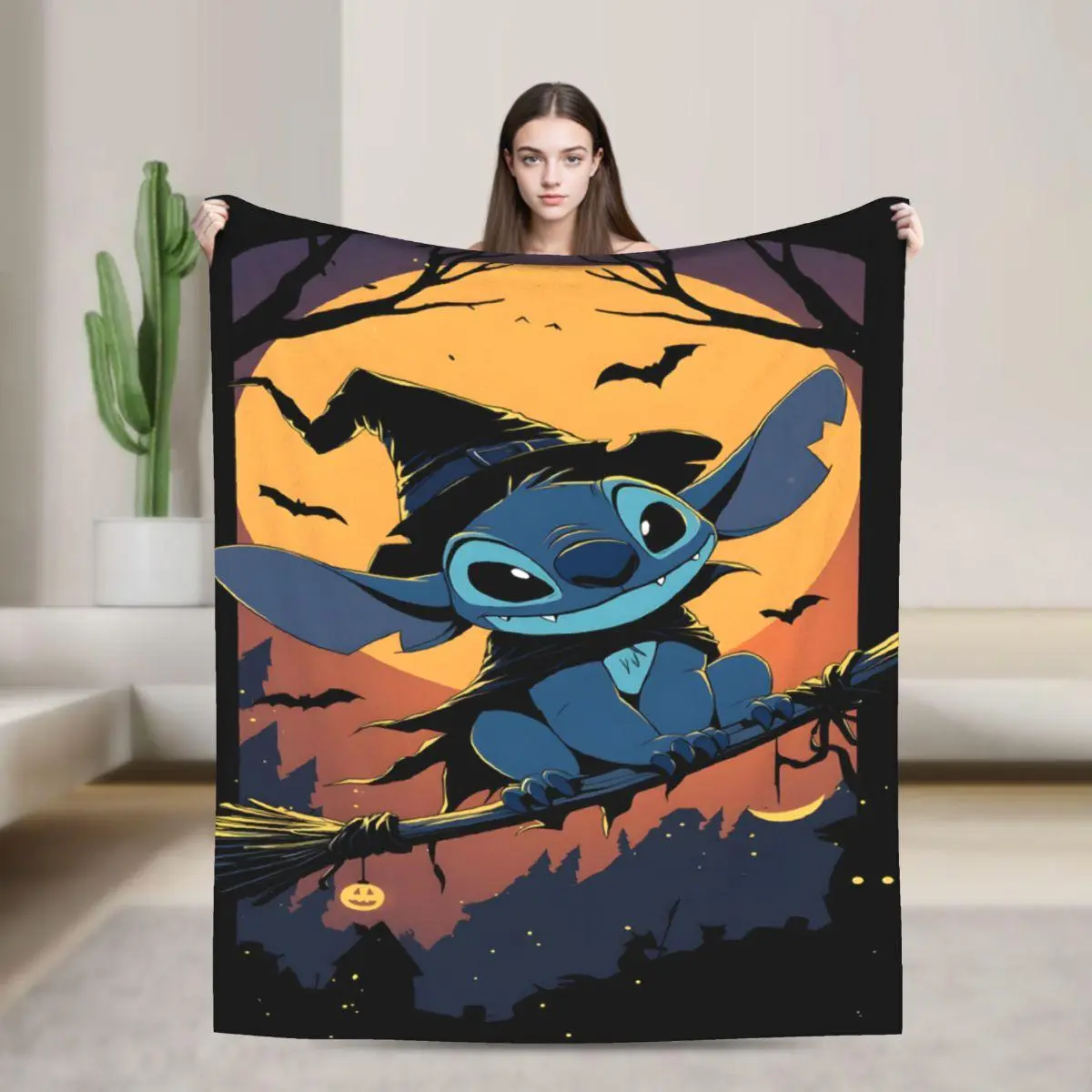 [SummerVibes] DISNEY CLASSIC Halloween Wizard Stitch Flannel Blanket - Soft, Warm, Bat Cartoon Design, Sofa, Bed, Office, Blanket for Couch, Halloween Decorations