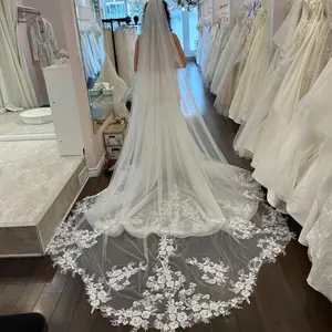 Cathedral Length 1 Tier Lace Handmade Applique Wedding Bridal Veil with Metal Comb for Brides