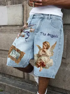 Men's Denim Shorts, Renaissance Angel Art Print, Streetwear Style Loose Fit, Summer Daily Wear, Casual Fashion, Comfortable and Stylish
