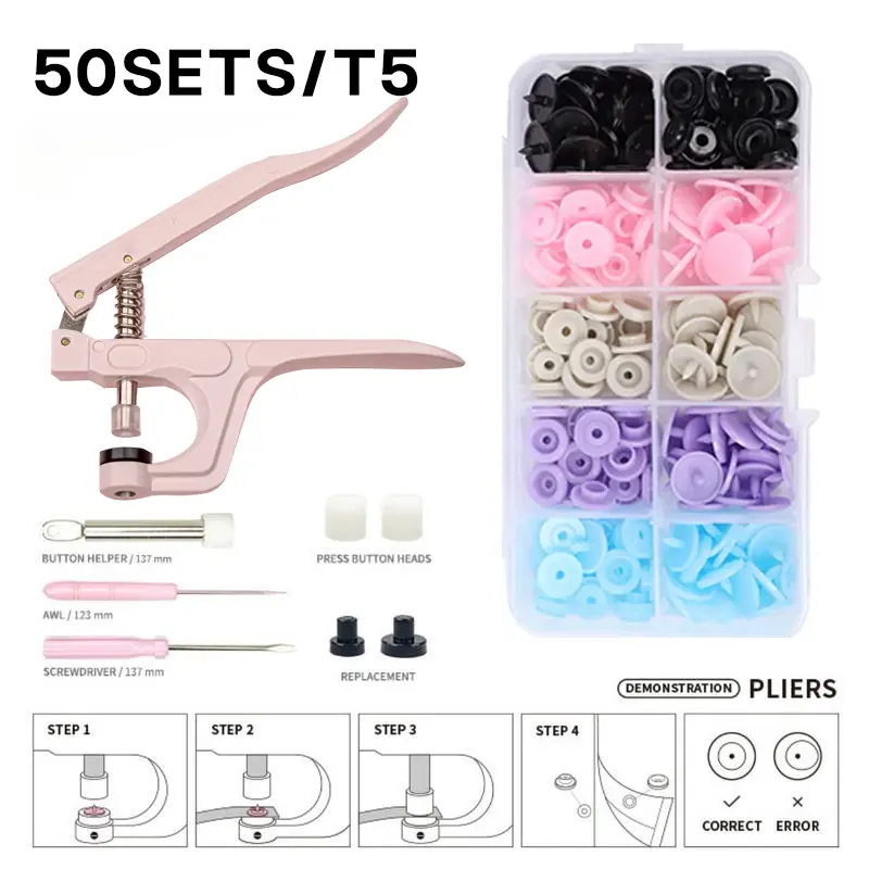 Plastic Snap Buttons Set (50 Sets) with Snaps Pliers - All-in-1 Kit Sewing Tools Including Awl, Button Helper, Sewing Accessories and Supplies for DIY Fashion Crafting Projects (Pink, Lightweight, Versatile)