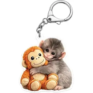 Monkey Punch Acrylic Keychain, Protect Punch the Monkey Keychain, 2D Acrylic Monkeys Hugging Keychains for Backpack, Car Keys