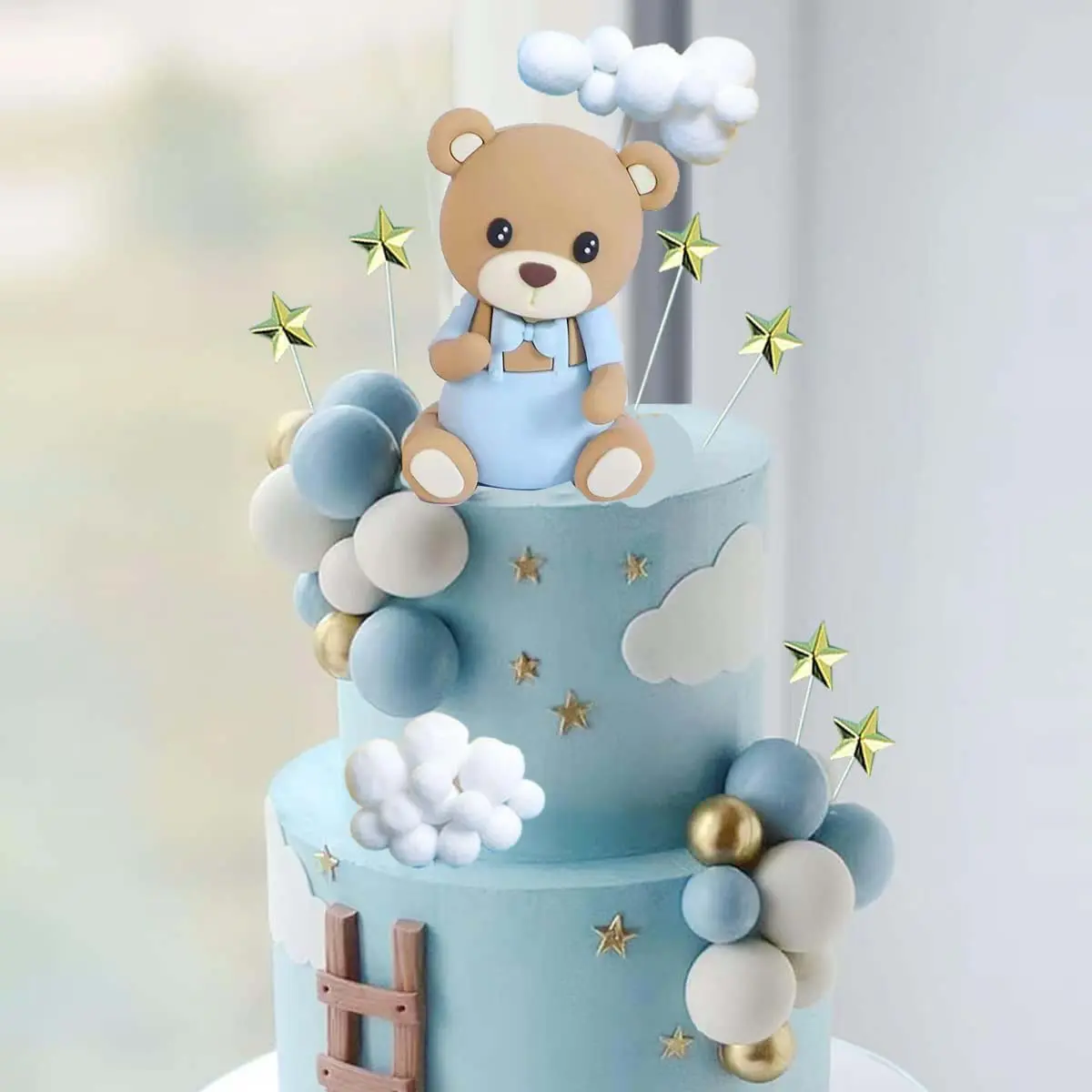 33 PCS Plastic Bear Cake Toppers Set - Bear Balls, Stars, Clouds Ornaments for Boy Happy Birthday, Baby Shower, Anniversary Party Cake Decor Supplies