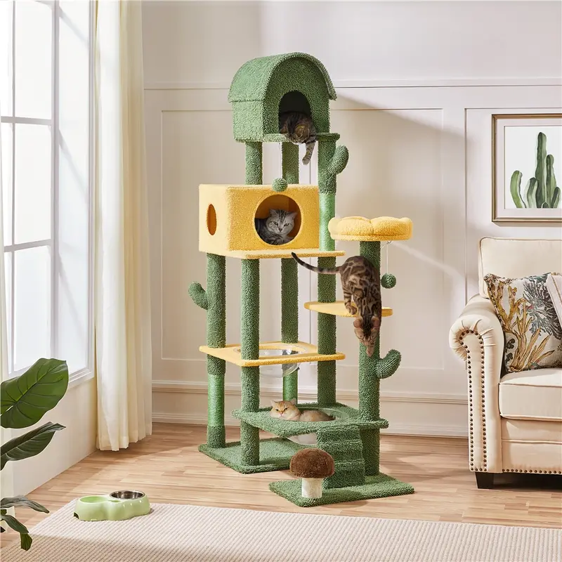 Yaheetech 68.5in Oasis-Themed Cactus Cat Tree for Home, Medium-Large Indoor Pets’ Entertainment, Multi-Level Tower with 2 Large Fiber Fill Condos, Scratching Posts, 2 Acrylic Bowls, Dangling Balls