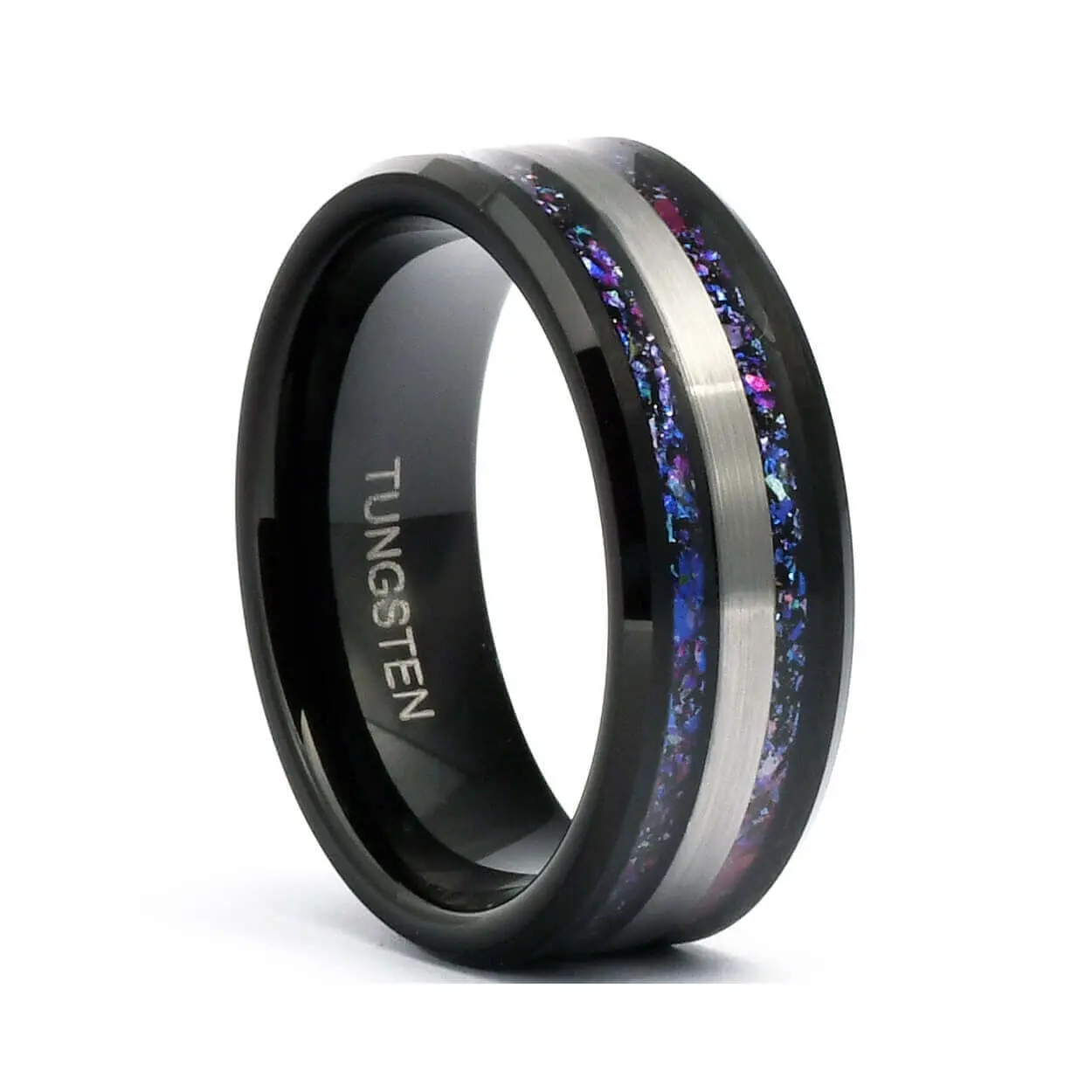 Men's Sleek Tungsten Ring with Opal Nebula Galaxy Inlay - Space Themed Wedding Band, Fashion Costume Jewelry, Unique Nebula Pattern, Men's Wedding Band, Tungsten Rings, Opal Inlay