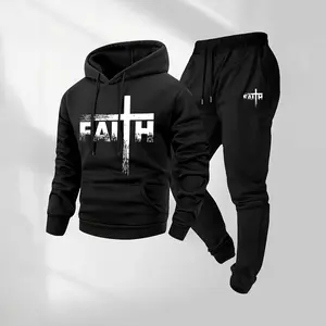 Men's Fath Print Hooded Sweatshirt And Drawstring Sweatpants Set, Men's Clothing, Casual Sports Long-Sleeved Hooded Jacket And Pants, Suitable For Autumn And Winter Wear, Men's Everyday Casual Wear, Indoor And Outdoor Sportswear, Tracksuit.
