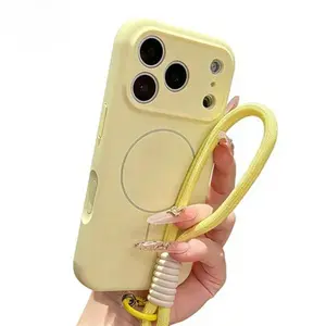 for Magsafe Matte Liquid Silicone Lanyard Case for iPhone 17 16 15 Pro Max 14 Plus 11 12 13 Air Magnetic Wrist Strap Soft Cover